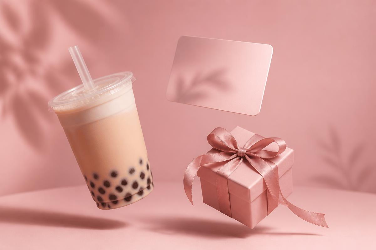 Milk tea cup with a blush gift box and reward card