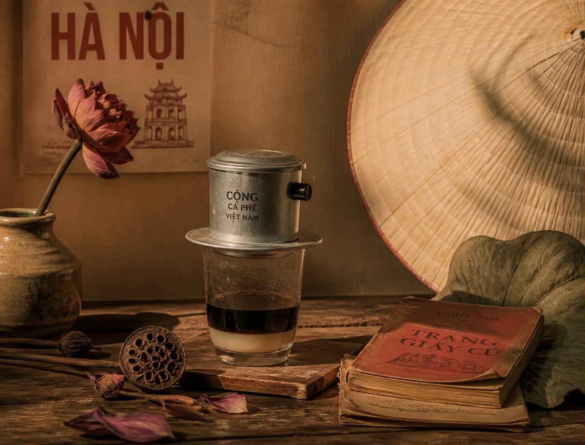 Vietnamese phin coffee filter with lotus and a conical hat